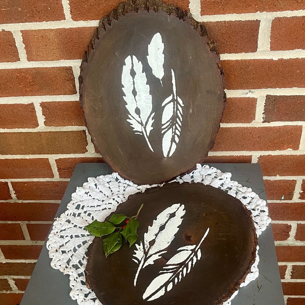 Rustic Boho Wooden Wall Decor Feathers on Wood Slices Set of 2 Hand Crafted NEW